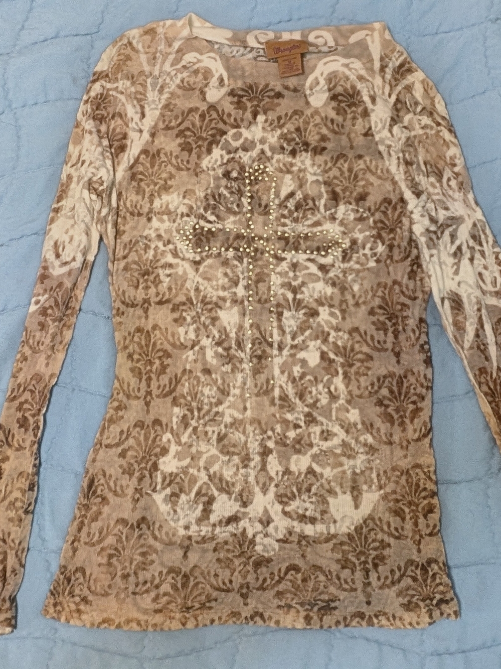 Wrangler Beige Patterned Long Sleeve Top with Studded Cross